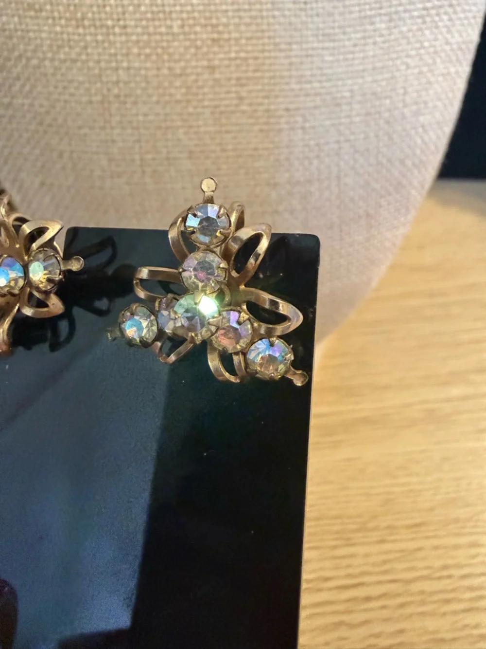 Gold-Tone Vintage‎ Aurora Borealis Crystal Floral Clip-On Earrings